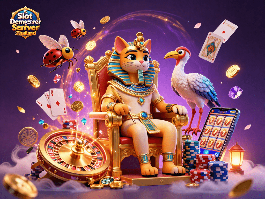 Play and win with Slot Demo Server Thailand featuring an Egyptian cat and dazzling casino elements.