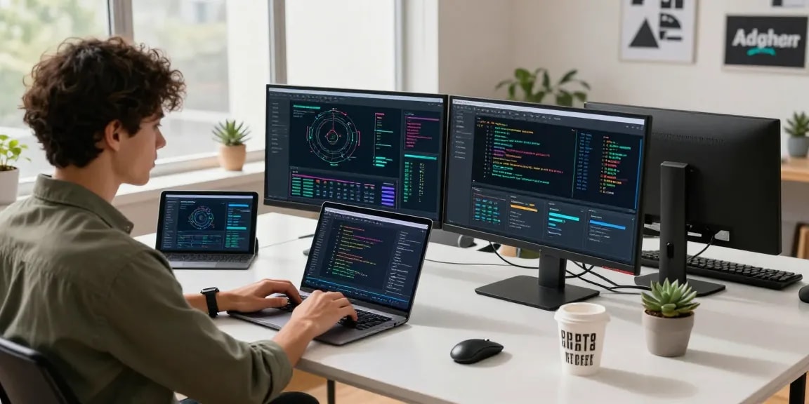Youthful programmer optimizing crush ai algorithms in a dynamic tech workspace with analytics on displays.