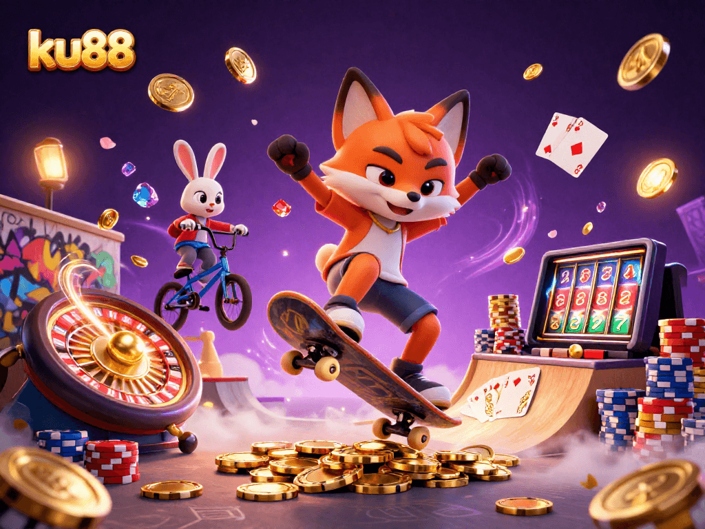 Experience excitement with ku88 as the fox performs a kickflip over golden poker chips.