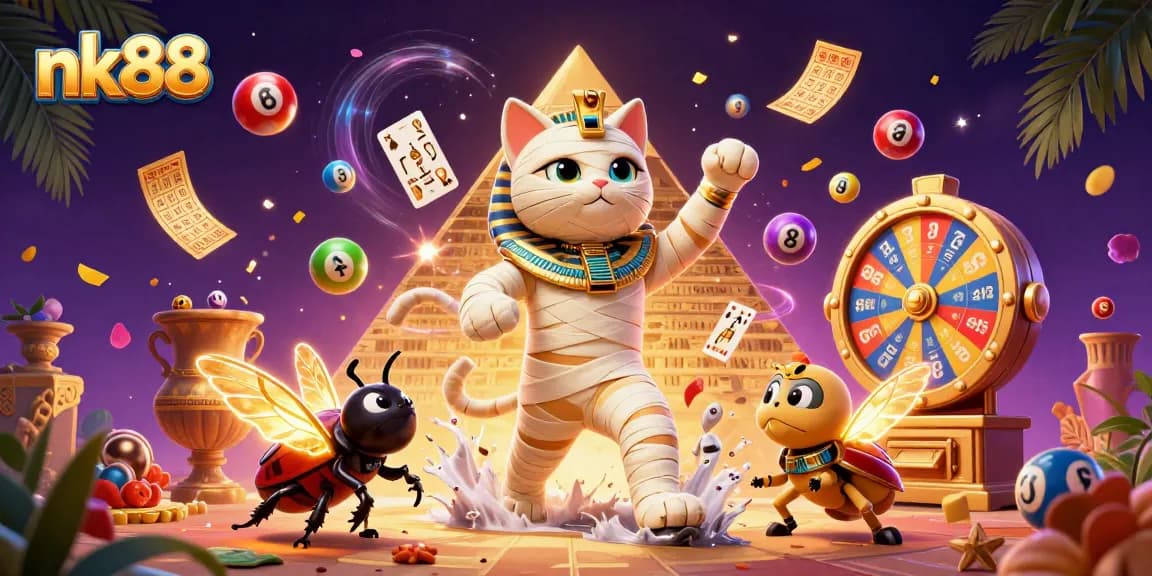 Engage with nk88's thrilling experience: Egyptian mummy cat and glowing scarab in a vibrant casino scene.