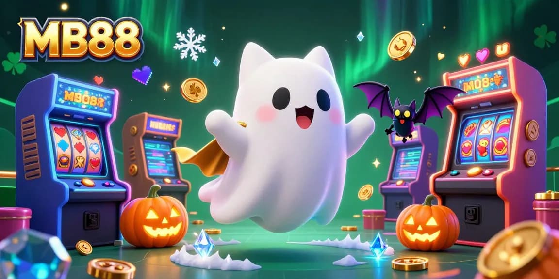 Engage with MB88 in a vibrant casino setting, featuring a friendly ghost cat and a vampire bat amidst dynamic gaming elements.