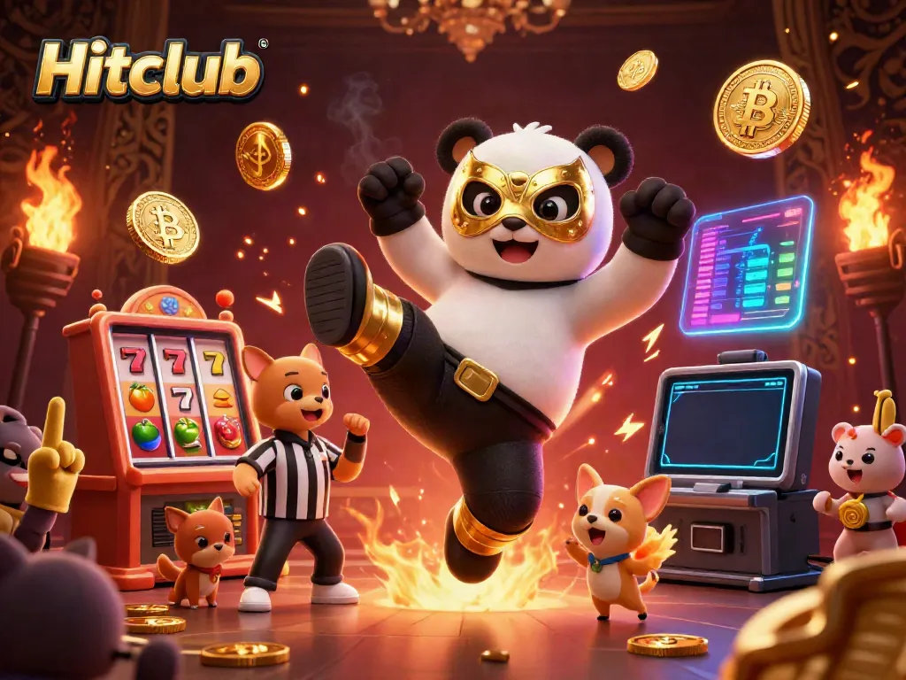 Experience Hitclub excitement with a cartoon panda wrestler flying into action amidst dazzling casino elements.