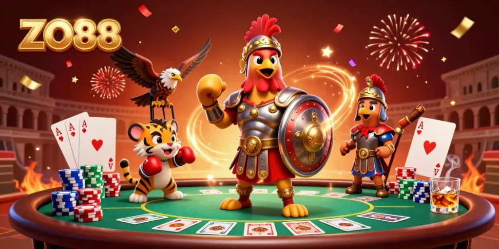 Experience the thrill of ZO88 casino with a vibrant 3D scene of a rooster gladiator and cub boxer.