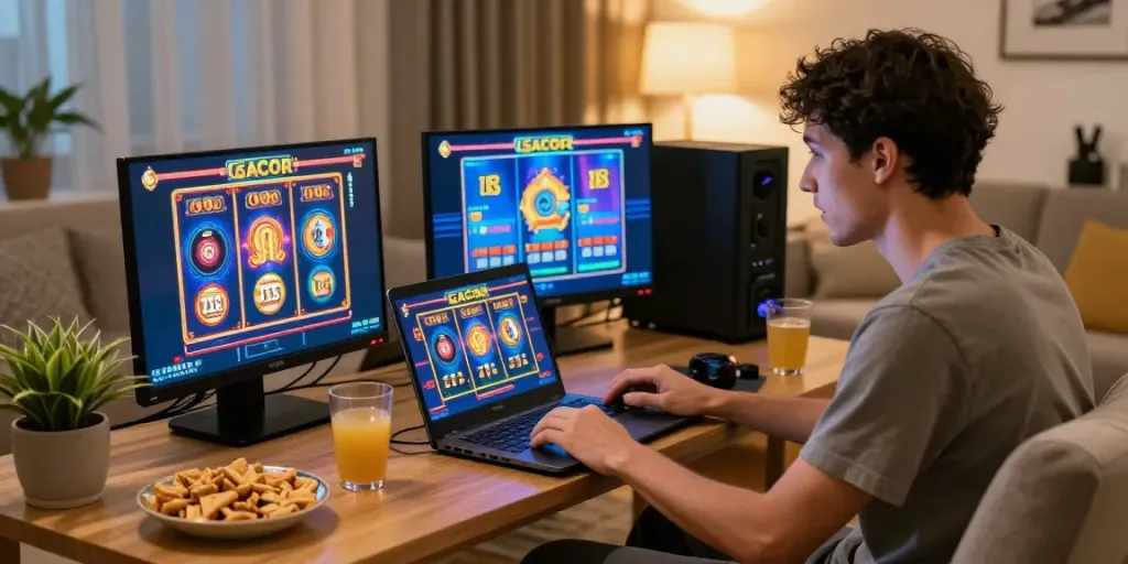 Player enjoying an engaging slot gacor game at home with vibrant graphics and a cozy atmosphere.