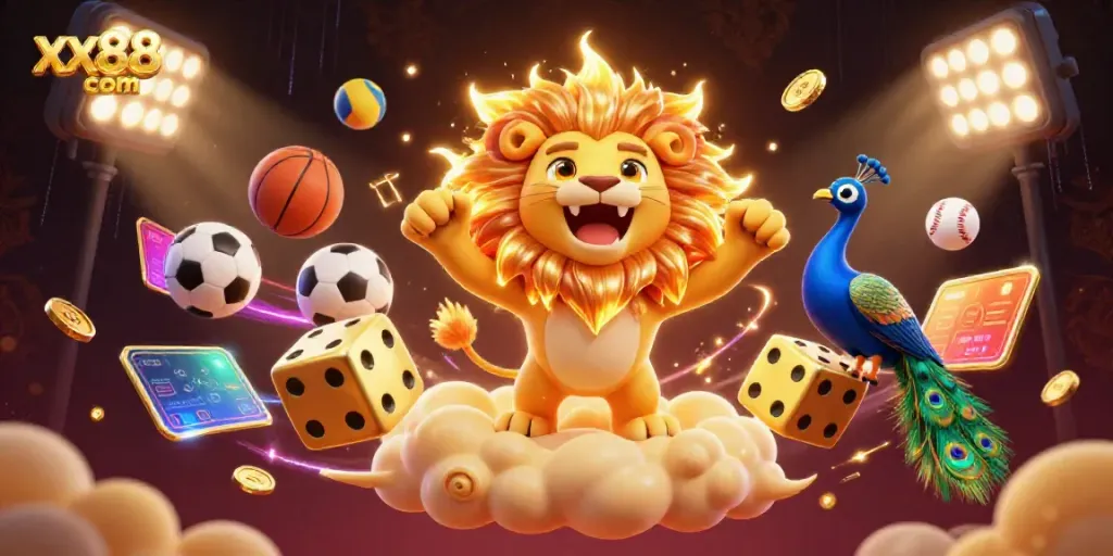 Experience thrilling gaming at xx88 com with a vibrant 3D casino illustration showcasing dynamic sports betting action.