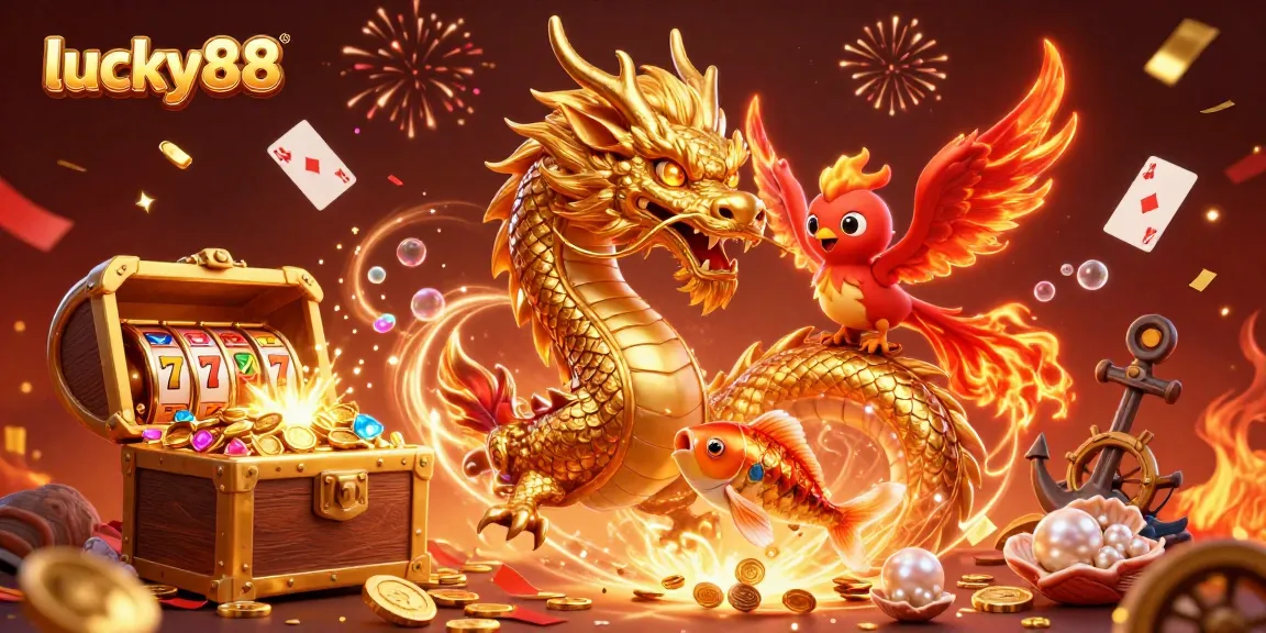 Spin to win on lucky88 with a fierce dragon, phoenix, and koi fish amidst vibrant gaming symbols.