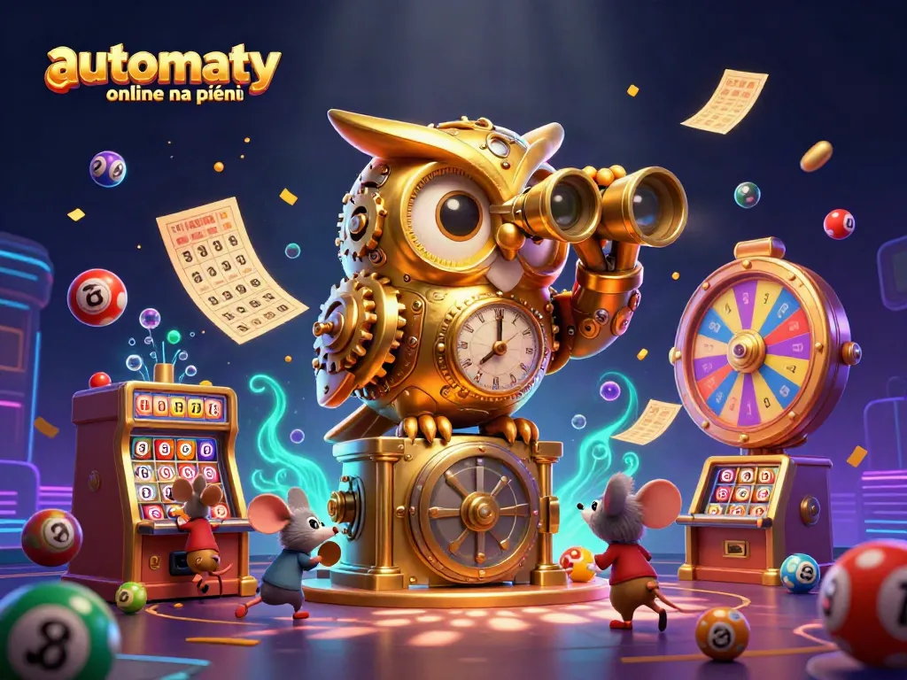 Play automaty online na pieniądze with a lively clockwork owl and vibrant game elements, creating a casino atmosphere.