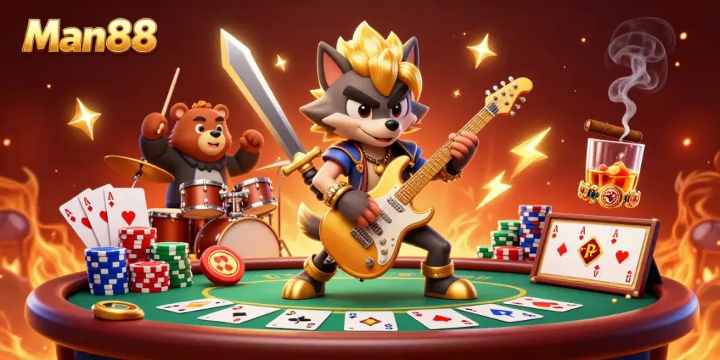 Experience the excitement of Man88’s casino world with colorful poker elements and vibrant characters.