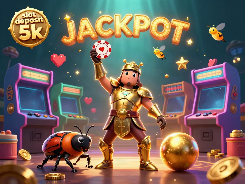 Permainan slot deposit 5k menampilkan karakter kutu Hercules dalam baju zirah emas dan koin emas sebagai simbol keberuntungan.