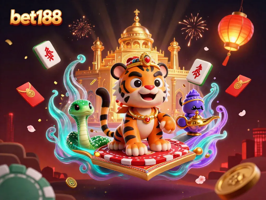 Experience the excitement of bet188 with a vivid casino scene featuring a tiger sultan on a poker chip carpet.