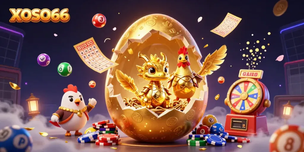 XOSO66 showcases a golden dragon emerging from a poker chip nest, surrounded by dazzling lottery elements.