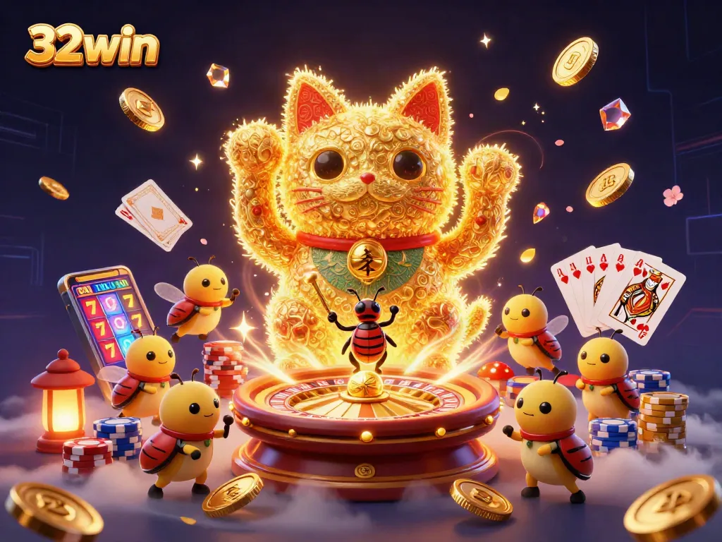 Engage with 32win's dynamic casino scenes featuring lucky cats and vibrant gaming elements.