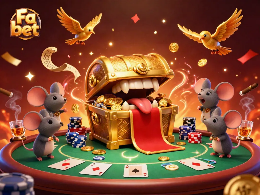 Experience the thrilling action at Fa bet with a vibrant 3D scene showcasing poker excitement and animated treasure.