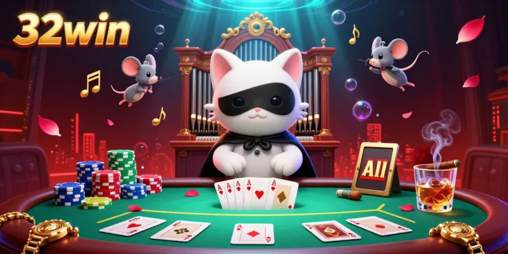 Engage with the thrilling atmosphere of 32win's casino in this vibrant 3D illustration, featuring playful characters and dynamic gaming elements.