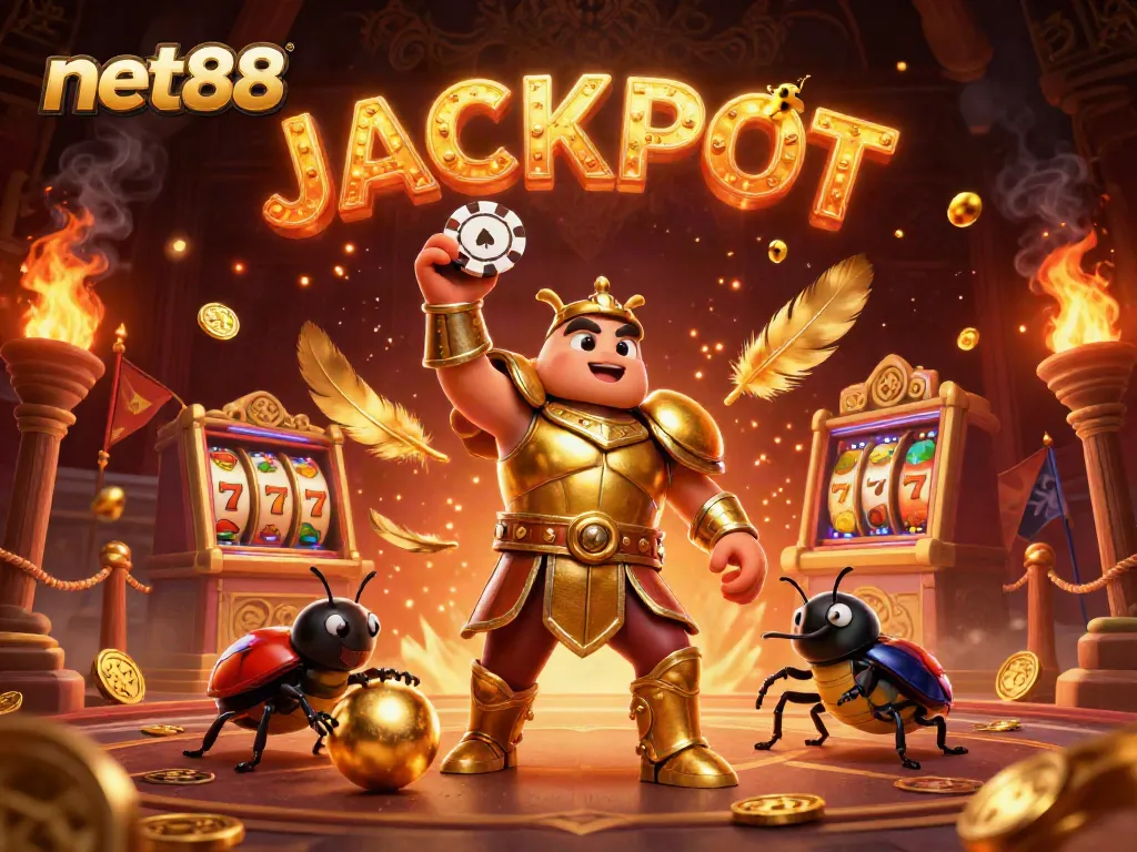 Winning moments at net88 with a hercules beetle in armor and a jackpot celebration scene.