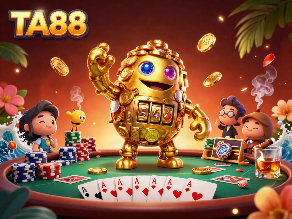 Enjoy dynamic gameplay at TA88 with a golden coin golem surrounded by poker action and vibrant casino elements.