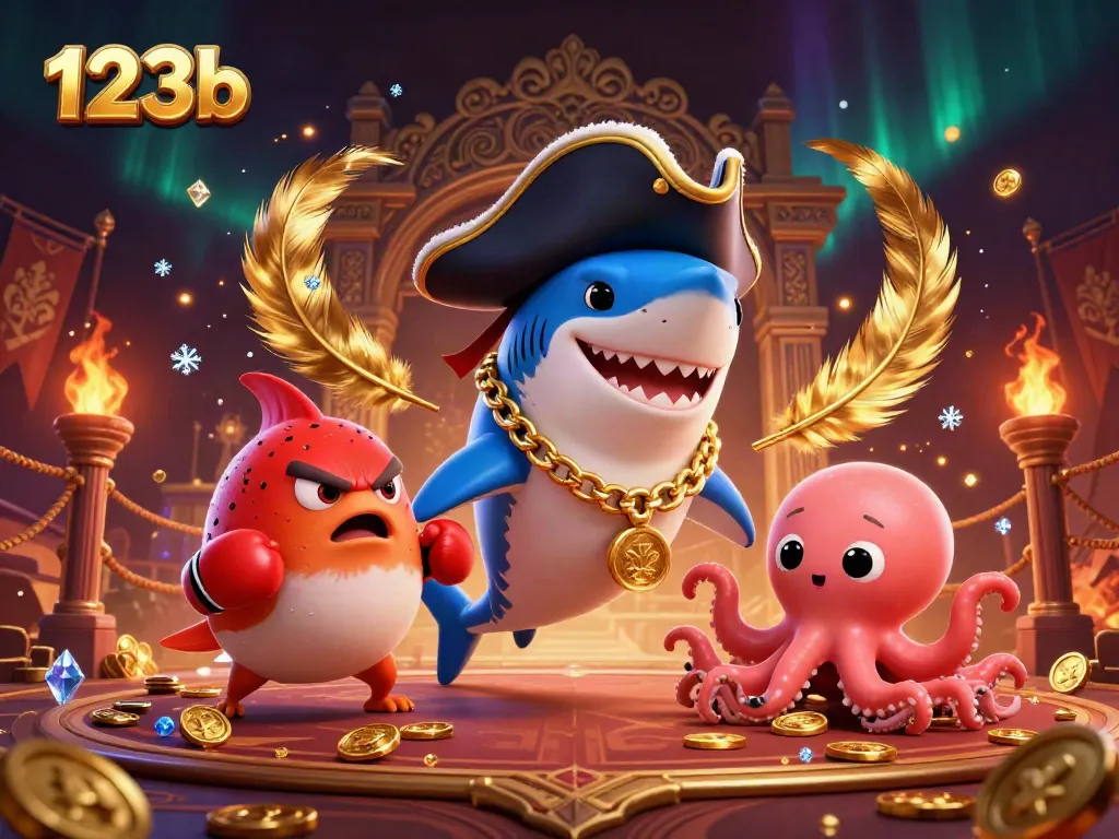 Betting adventure with a pirate shark, pufferfish, and octopus in vibrant casino elements featuring 123b.