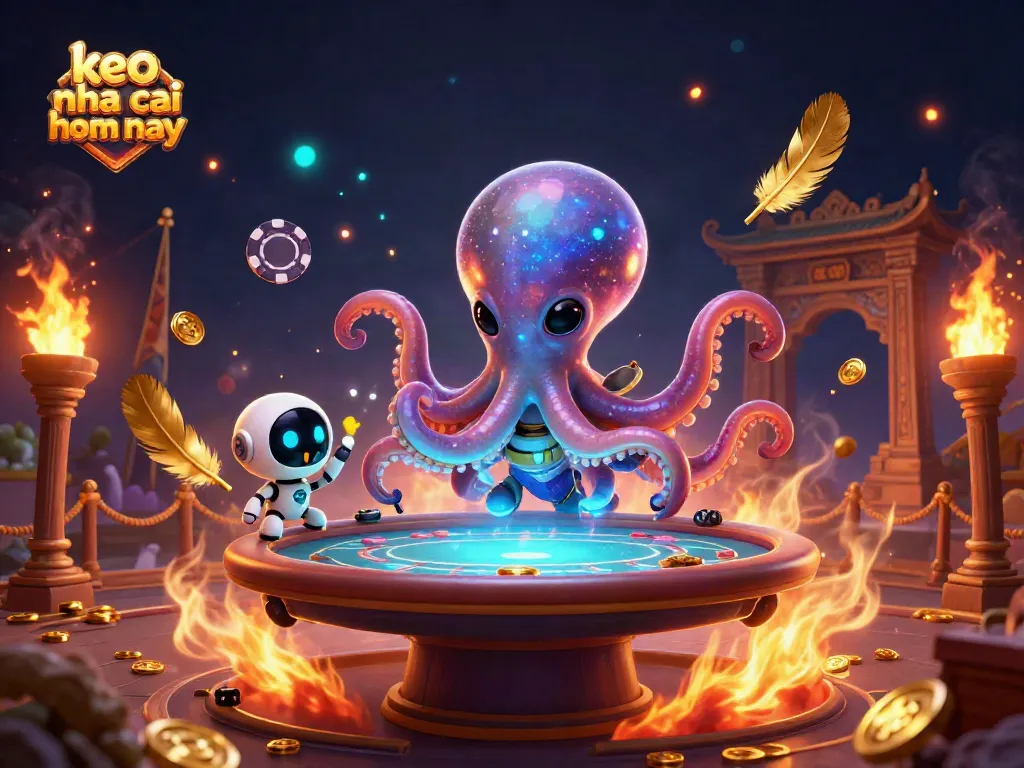 Engage with keo nha cai hom nay, featuring an alien octopus hosting a holographic poker game amidst vibrant cosmic elements.
