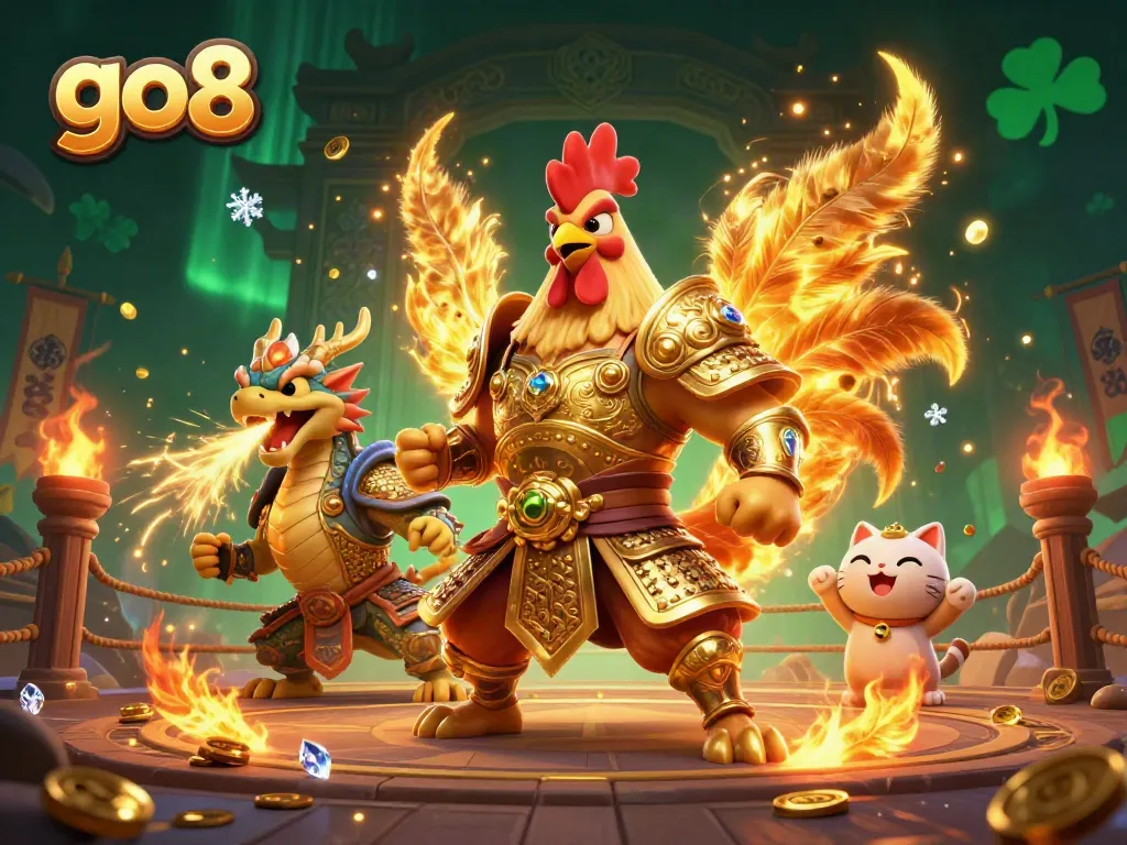 Experience the excitement of go8 gaming with a dynamic 3D illustration of a rooster warrior, dragon, and fortune cat in a lively casino arena.