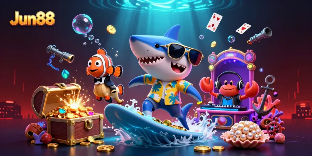 Experience Jun88's thrilling casino adventure with a shark, clownfish, and crab DJ in a vibrant underwater scene.