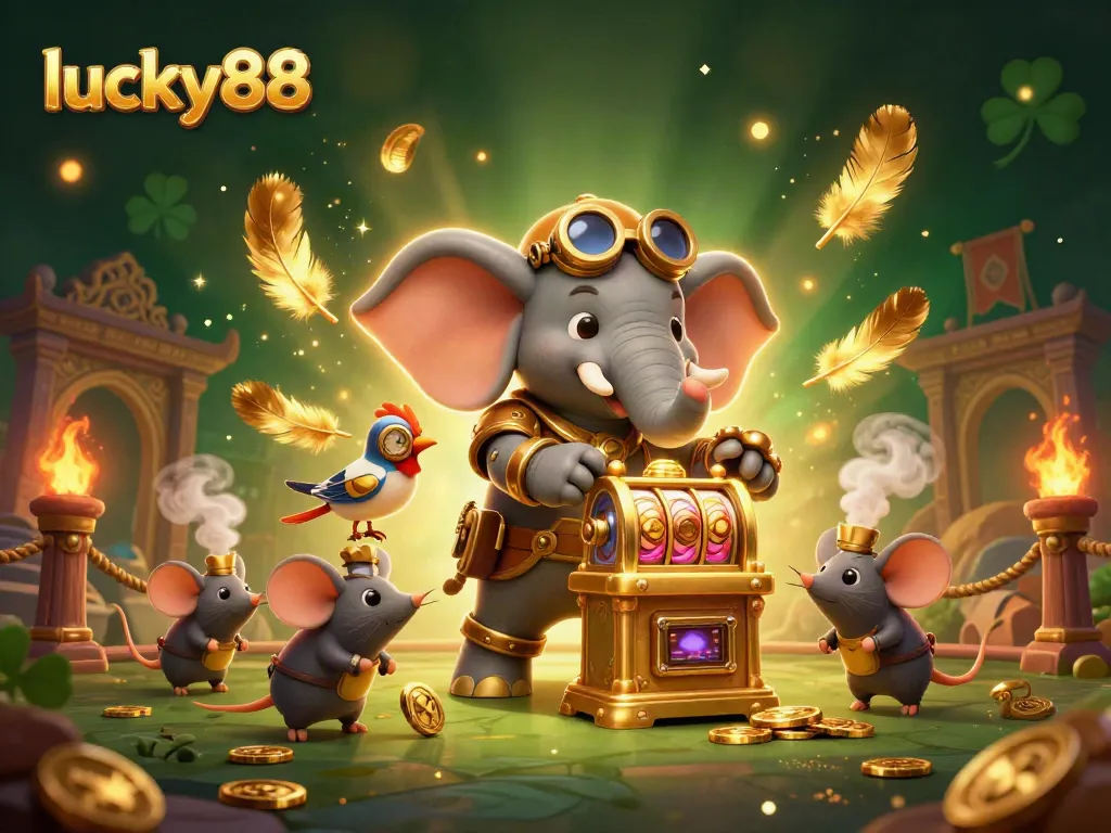 Experience excitement at lucky88 with a steampunk elephant operating a golden slot machine in a vibrant casino scene.