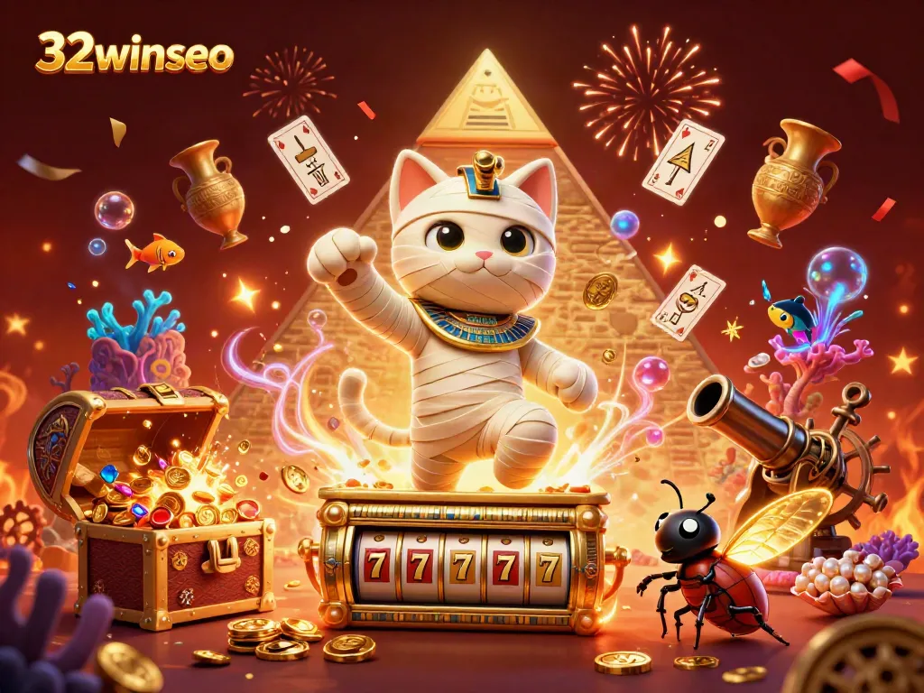 Engage in the excitement of 32winseo with a vibrant casino illustration featuring characters and gaming elements.