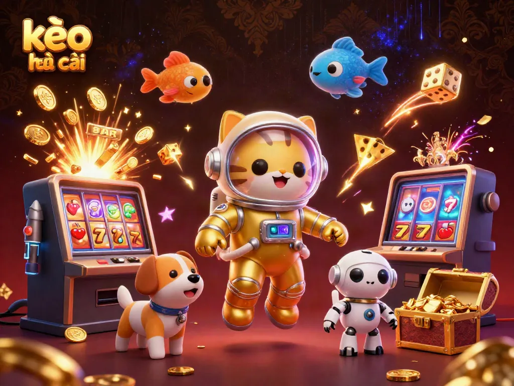 Exciting kèo nhà cái action with a cat astronaut and robot dog surrounded by casino elements.