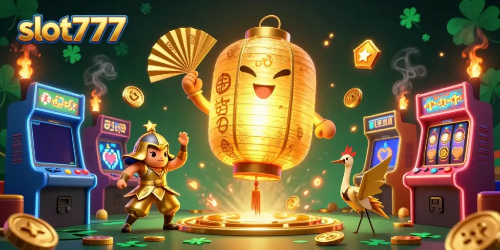 Mainkan slot777 dengan keberuntungan, dikelilingi oleh karakter ceria di kasino.