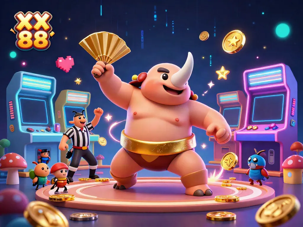 Experience thrilling gameplay at XX 88 with a vibrant 3D sumo beetle champion amidst golden coins and arcade elements.