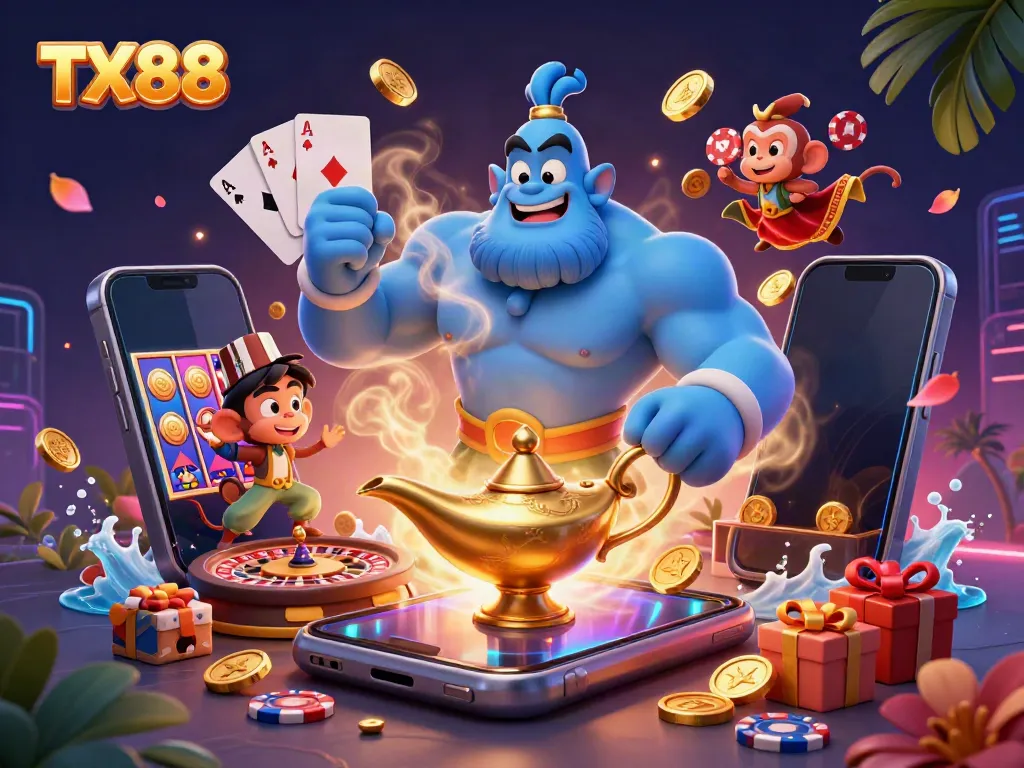 Experience the excitement at TX88 with a magical scene featuring a genie, a monkey, and slot gaming elements.