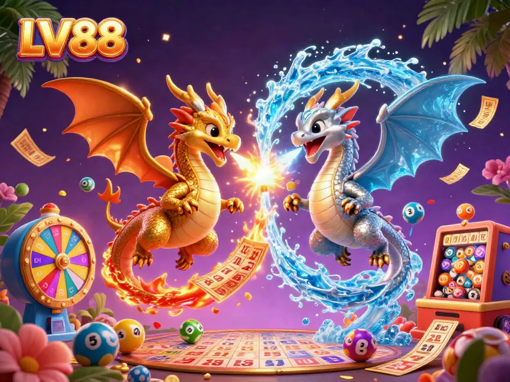 Engage with LV88's dynamic online gaming scene featuring golden and silver dragons, vibrant lottery elements, and casino excitement.