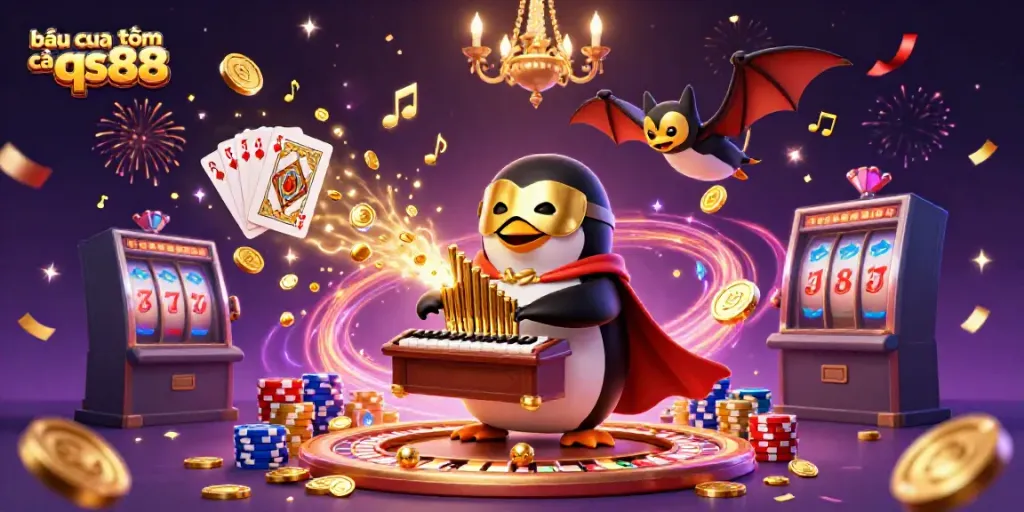 Experience exciting bầu cua tôm cá qs88 gameplay with dazzling visuals and dynamic elements in this vibrant illustration.