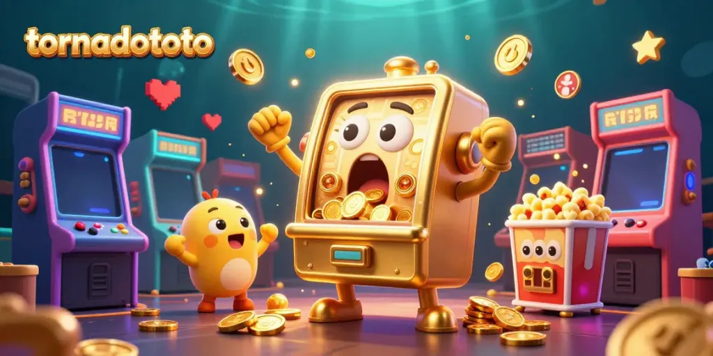 Experience excitement with tornadototo as golden slot machines celebrate jackpots amidst colorful gaming elements.