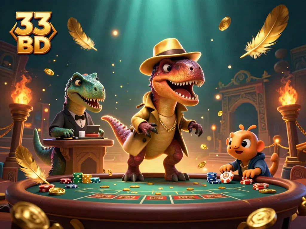 Experience an intense gaming scene at 33 BD with a dinosaur-themed blackjack game featuring a velociraptor and a stegosaurus.