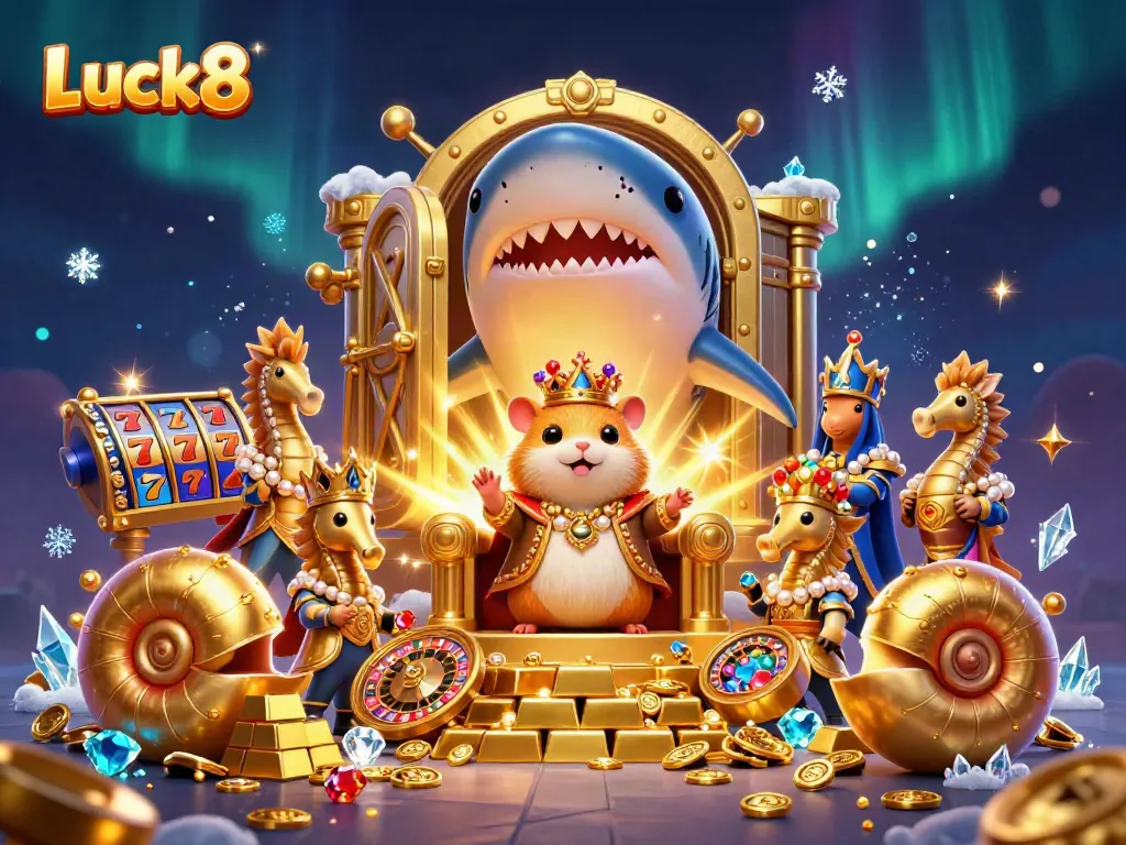 Experience the thrill of Luck8 with a cartoon hamster king on a shark tooth throne amidst dazzling treasures and casino elements.