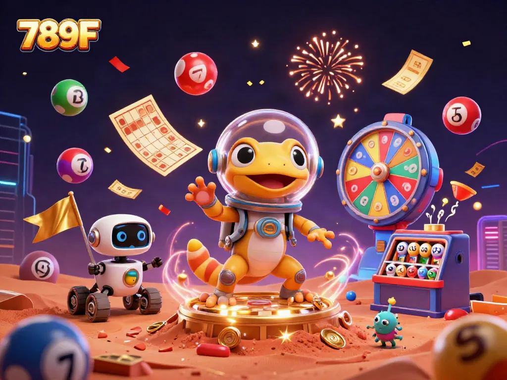 Immerse in the Martian adventure at 789F with animated characters celebrating in a vibrant casino atmosphere.
