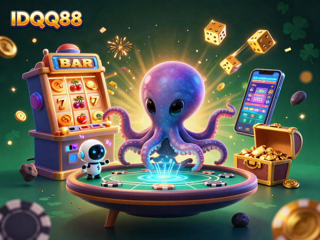 Experience thrilling gameplay at IDQQ88 with a vibrant alien octopus and exciting casino elements.