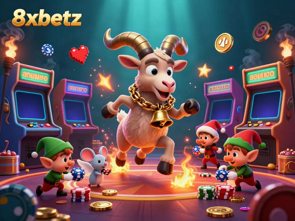 Experience 8xbetz's exhilarating gaming adventure with Krampus and mischievous elves in a vibrant casino.