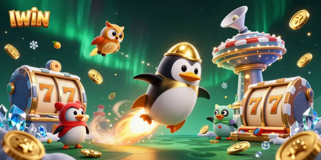 IWIN showcases a vibrant 3D illustration of a golden penguin and casino elements, depicting an exciting gaming adventure.