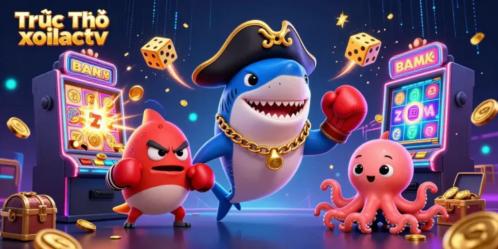 Engage in Trực Tiếp xoilactv with vibrant characters enjoying exciting casino elements and jackpot visuals.