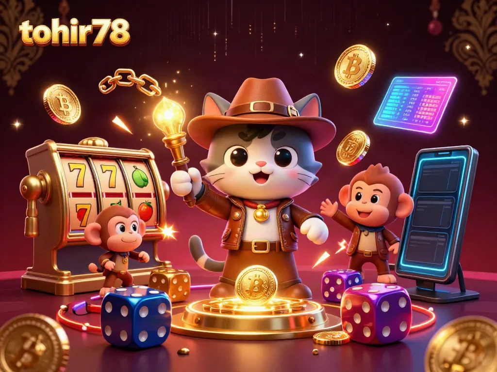 Discovering the golden casino artifact at tohir78 with an adventurous cat and monkey companion.