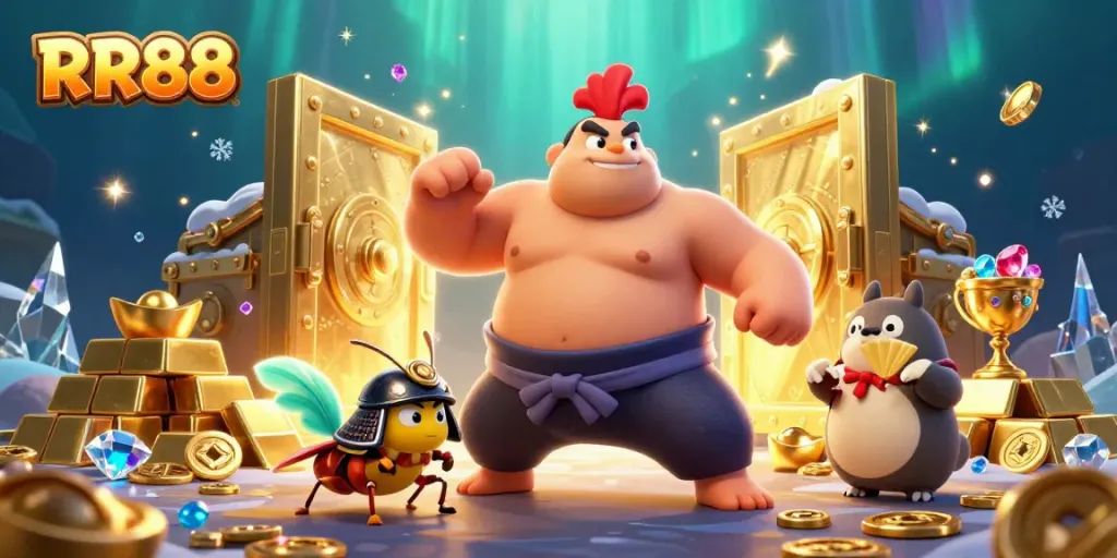 RR88 delivers dynamic casino excitement with a powerful sumo rooster, samurai cricket, and tanuki announcer.