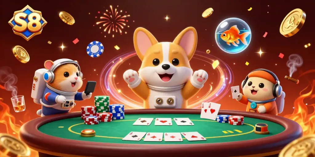 S8 casino experience with a playful astronaut corgi floating amidst poker chips and gold coins in a vibrant space setting.