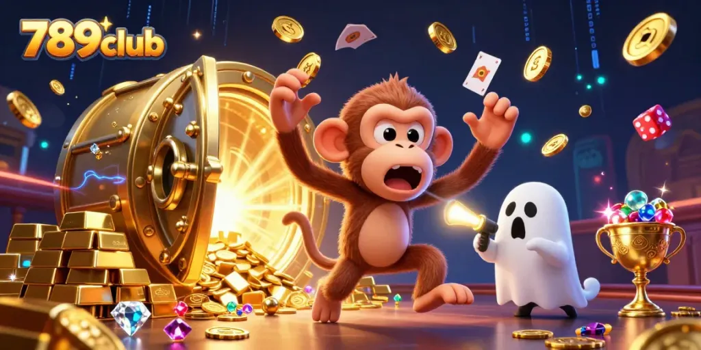 Engage in thrilling gameplay at 789club with this vibrant casino scene featuring a mischievous poltergeist monkey.