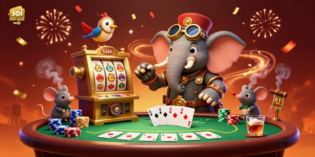 Soi cầu wap illustration with a steampunk elephant and vibrant casino elements.