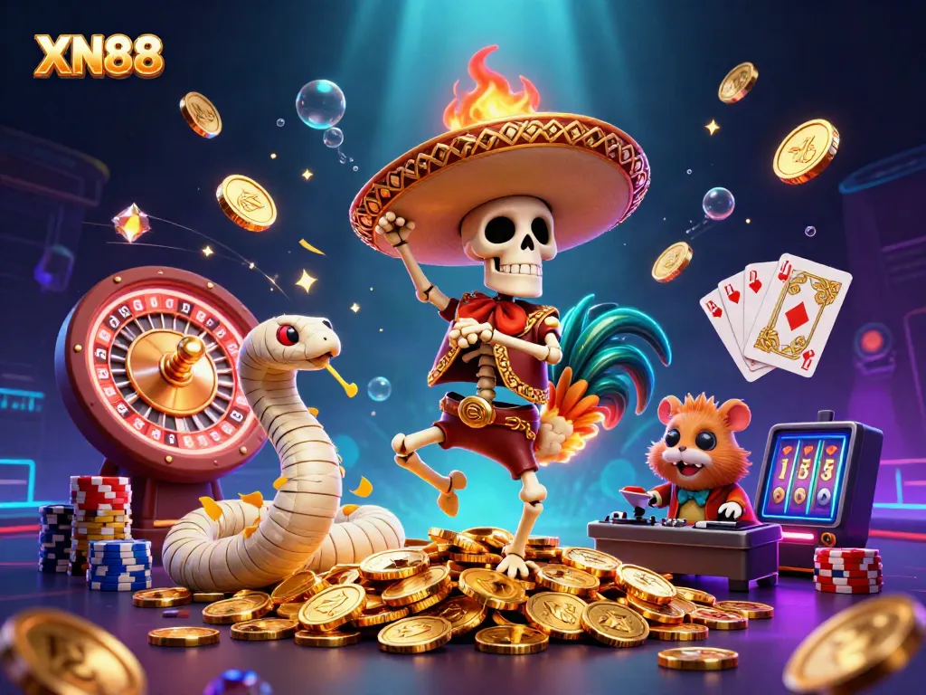 Xn88 brings excitement with a skeleton mariachi rooster celebrating among golden coins and casino games.