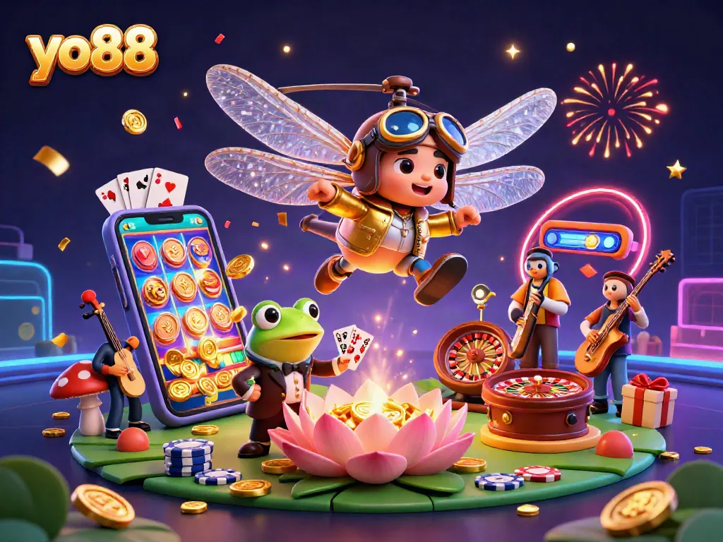 Experience exciting gameplay with yo88 casino games illustrated through vibrant characters in a lively scene.