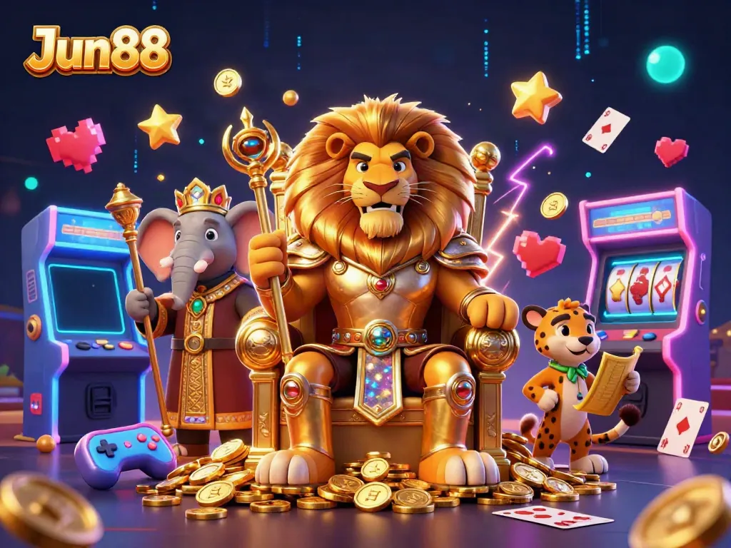 Experience thrilling gameplay with Jun88's vibrant 3D casino scene featuring iconic characters and game elements.