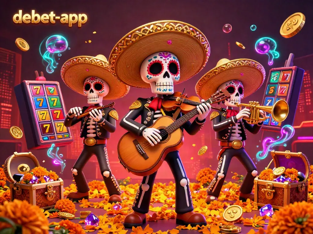 Experience the vibrant gambling excitement with debet-app featuring lively mariachi skeletons in a casino.