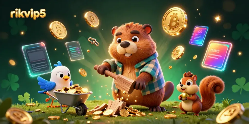 Engage with rikvip5, featuring a cartoon beaver collecting golden coins in a vibrant casino-themed scene.